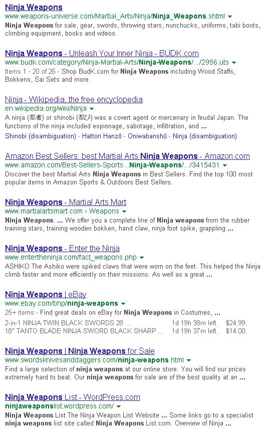 Google's SERPs for the search string 'ninja weapons'