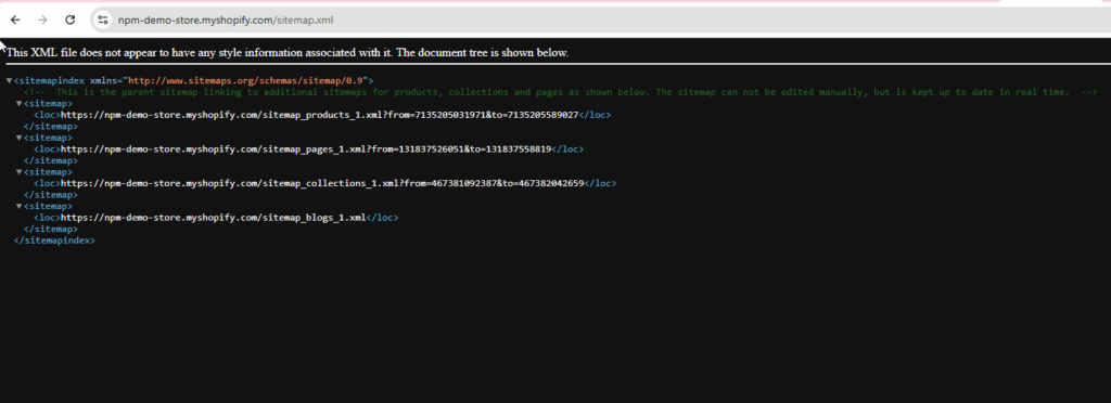 Screenshot of Shopify sitemap index showing links to child sitemaps